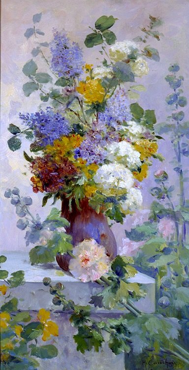 Eugene Henri Cauchois Summer Flowers with Hollyhocks